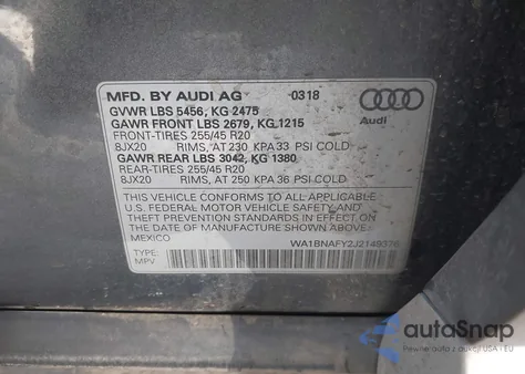 2018 Audi Q5 2.0T Premium/2.0T Tech Premium из США, поврежденный, VIN WA1BNAFY2J2149376